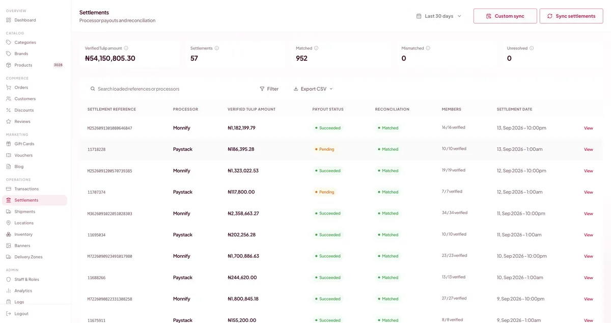 Oyster Pay settlement records